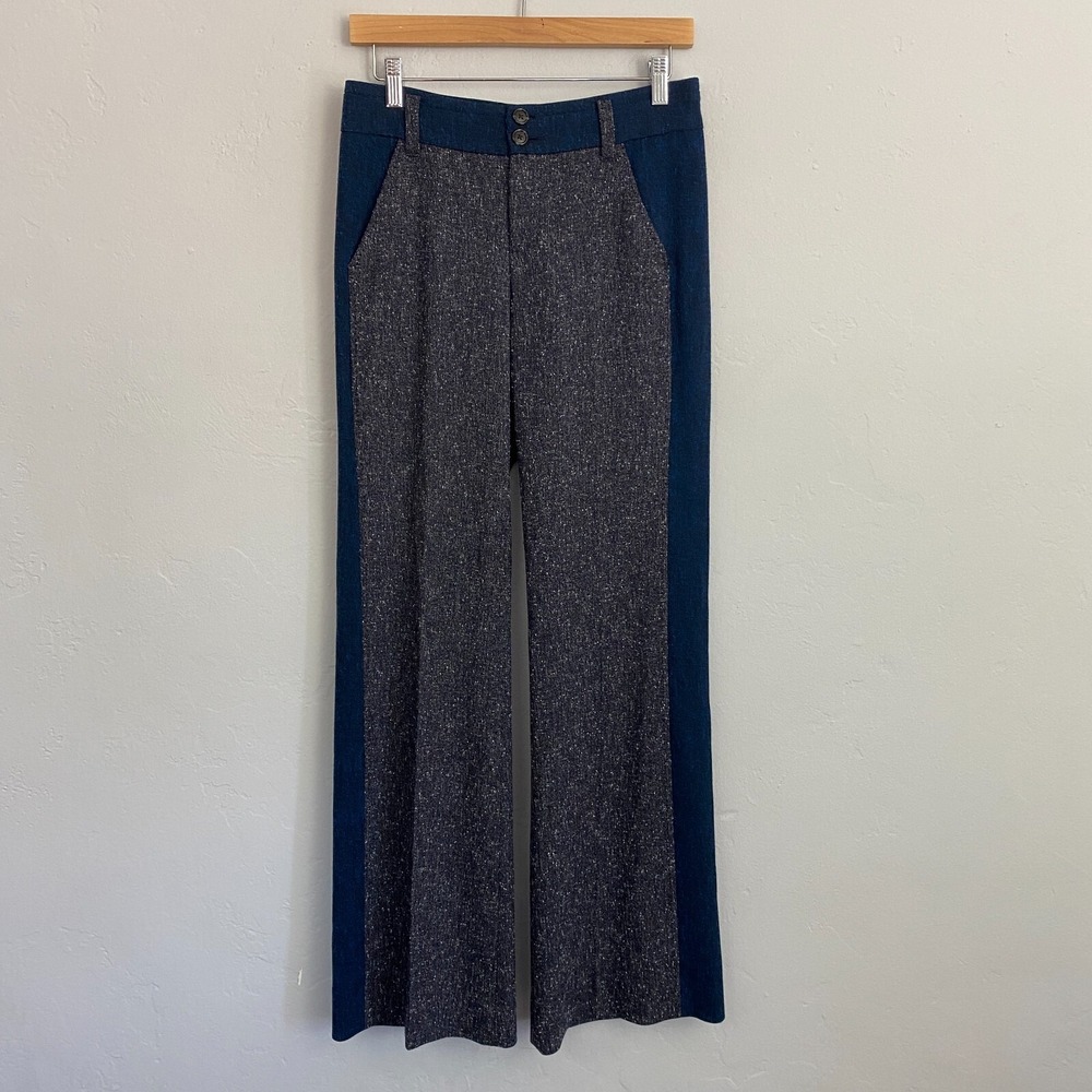 Anthropologie Elevenses Brighton Pants Women Size 2 Wide Leg Blue Gray Tweed